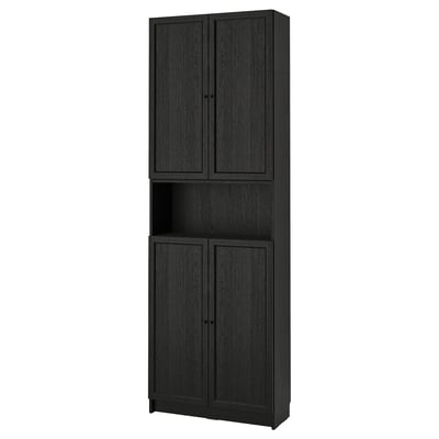 BILLY / OXBERG Bookcase w doors/ext unit, black oak effect, 31 1/2x11 3/4x93 1/4 "
