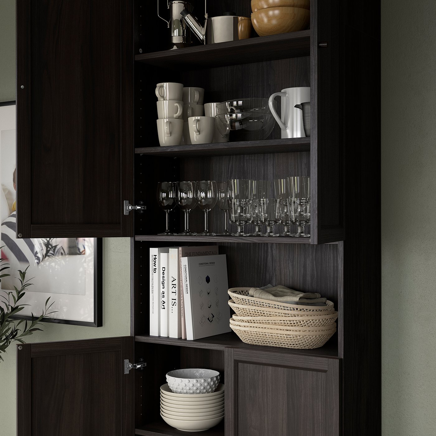 BILLY / OXBERG bookcase w doors/ext unit, dark brown oak effect