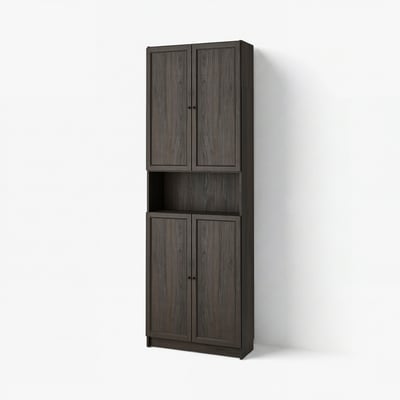 Dark grey wooden BILLY bookcase, vertical shape with mix closed and open storage, modern design for living spaces.