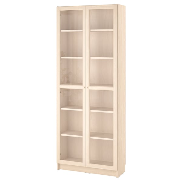 BILLY / OXBERG Bookcase w glass doors, birch effect, 31 1/2x11 3/4x79 1/2 "