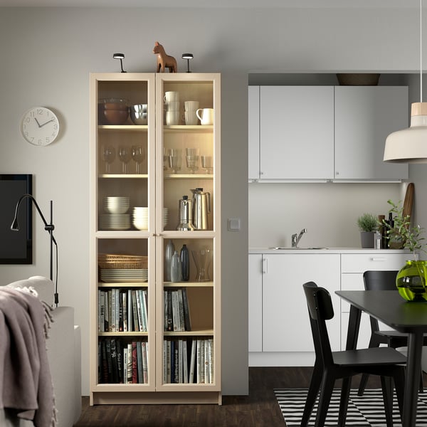 BILLY / OXBERG Bookcase w glass doors, birch effect, 31 1/2x11 3/4x79 1/2 "