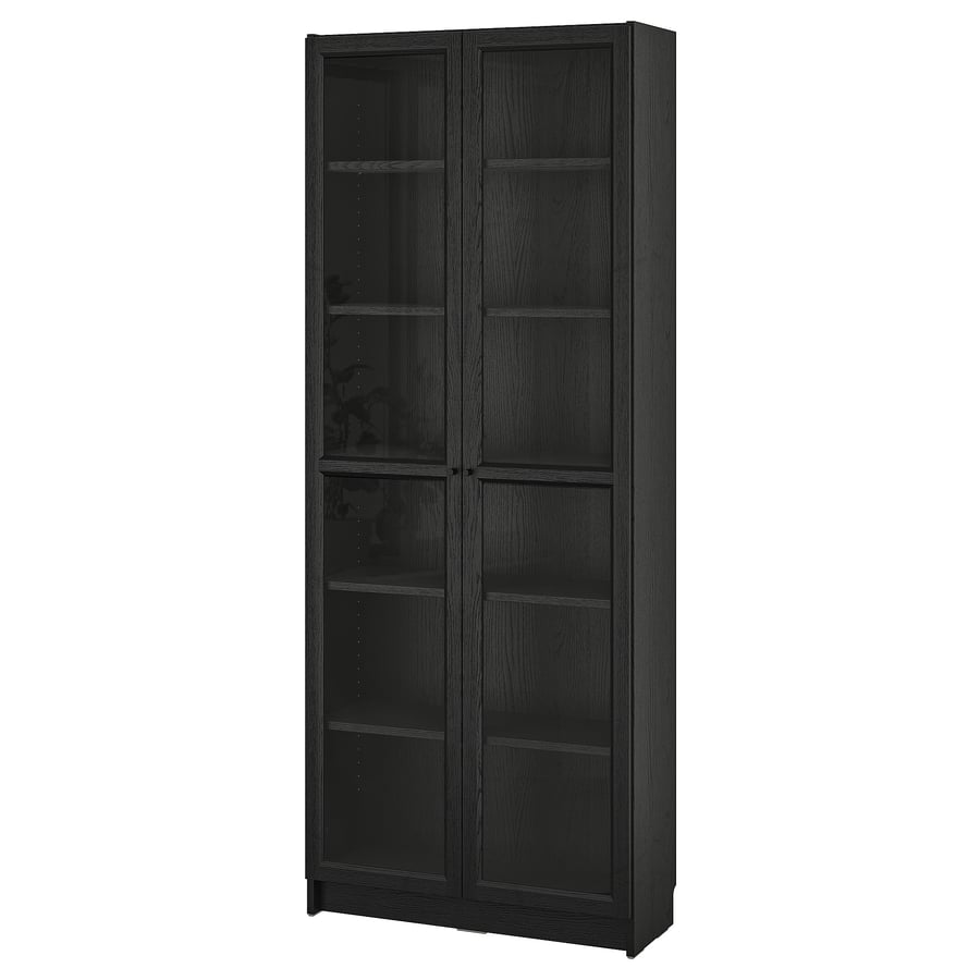 BILLY / OXBERG bookcase w glass doors, black oak effect, 311/2x113