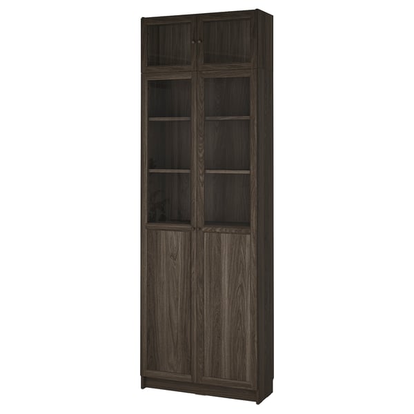 BILLY / OXBERG Bookcase w glass doors, dark brown oak effect/clear glass, 31 1/2x11 3/4x93 1/4 "