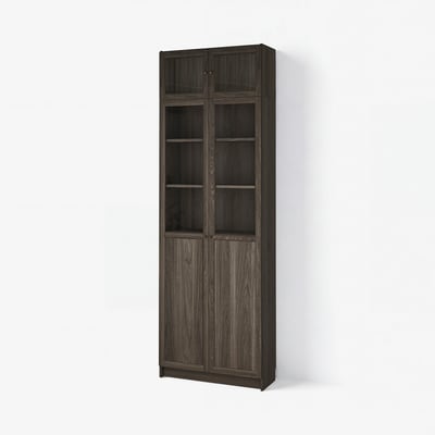 BILLY / OXBERG Bookcase w glass doors, dark-brown oak effect/clear glass, 31 1/2x11 3/4x93 1/4 "