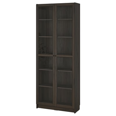 BILLY / OXBERG Bookcase w glass doors, dark brown oak effect, 31 1/2x11 3/4x79 1/2 "