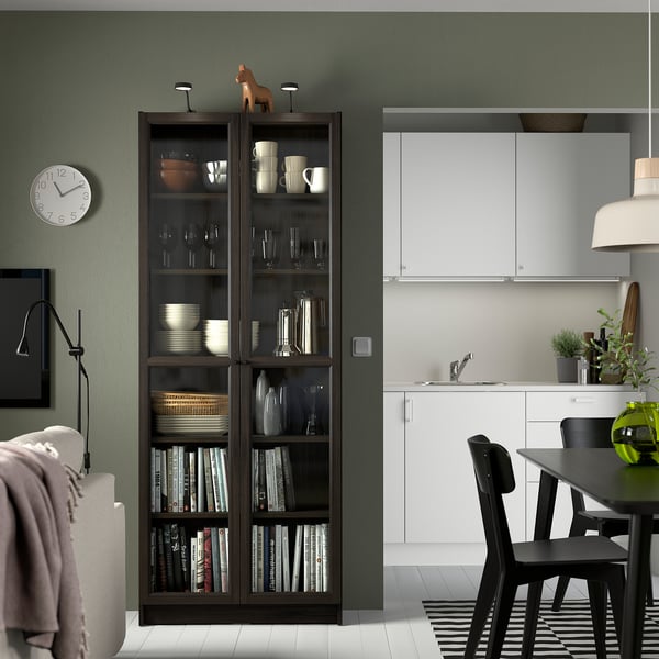 BILLY / OXBERG Bookcase w glass doors, dark brown oak effect, 31 1/2x11 3/4x79 1/2 "