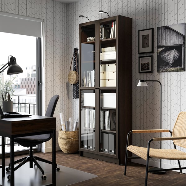 BILLY / OXBERG Bookcase w glass doors, dark brown oak effect, 31 1/2x11 3/4x79 1/2 "
