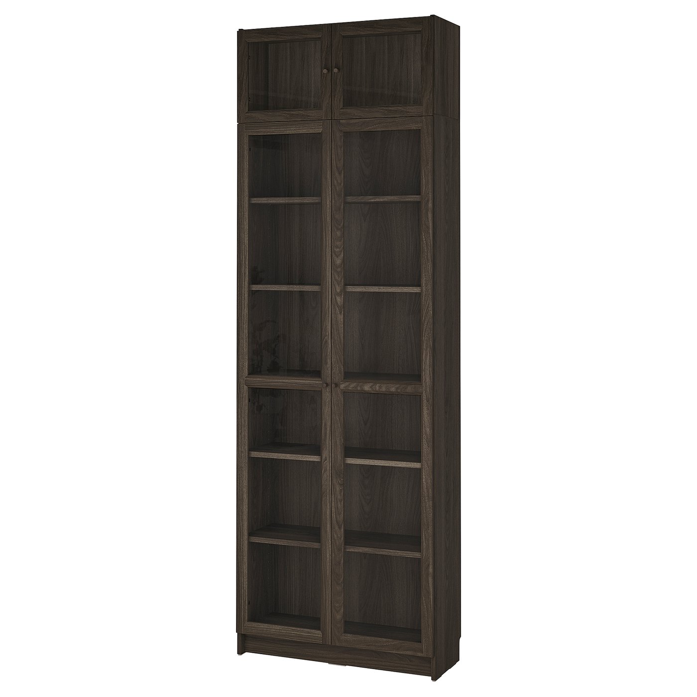 BILLY / OXBERG Bookcase w glass doors/ext unit - dark-brown oak effect/clear glass 31 1/2x11 3/4x93 1/4 "