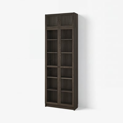 BILLY / OXBERG Bookcase w glass doors/ext unit, dark-brown oak effect/clear glass, 31 1/2x11 3/4x93 1/4 "