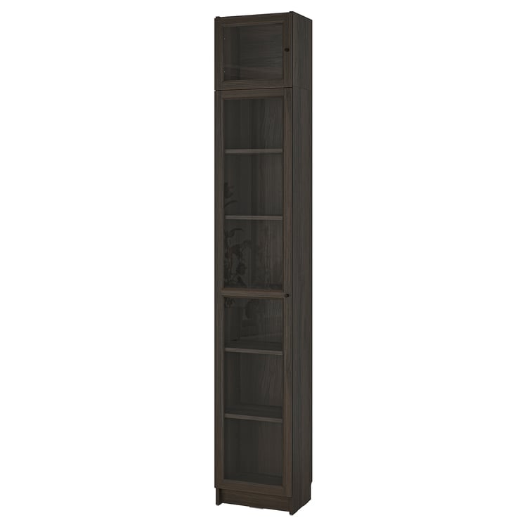 BILLY / OXBERG bookcase w glass doors/ext unit, dark brown oak effect