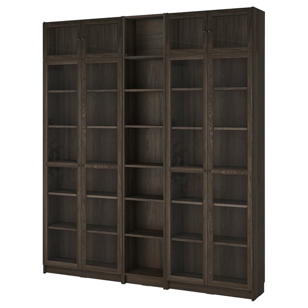 BILLY / OXBERG Bookcase w glass doors/ext unit, dark brown oak effect, 78 3/4x11 3/4x93 1/4 "