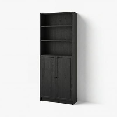 BILLY / OXBERG Bookcase with doors, black oak effect, 31 1/2x11 3/4x79 1/2 "