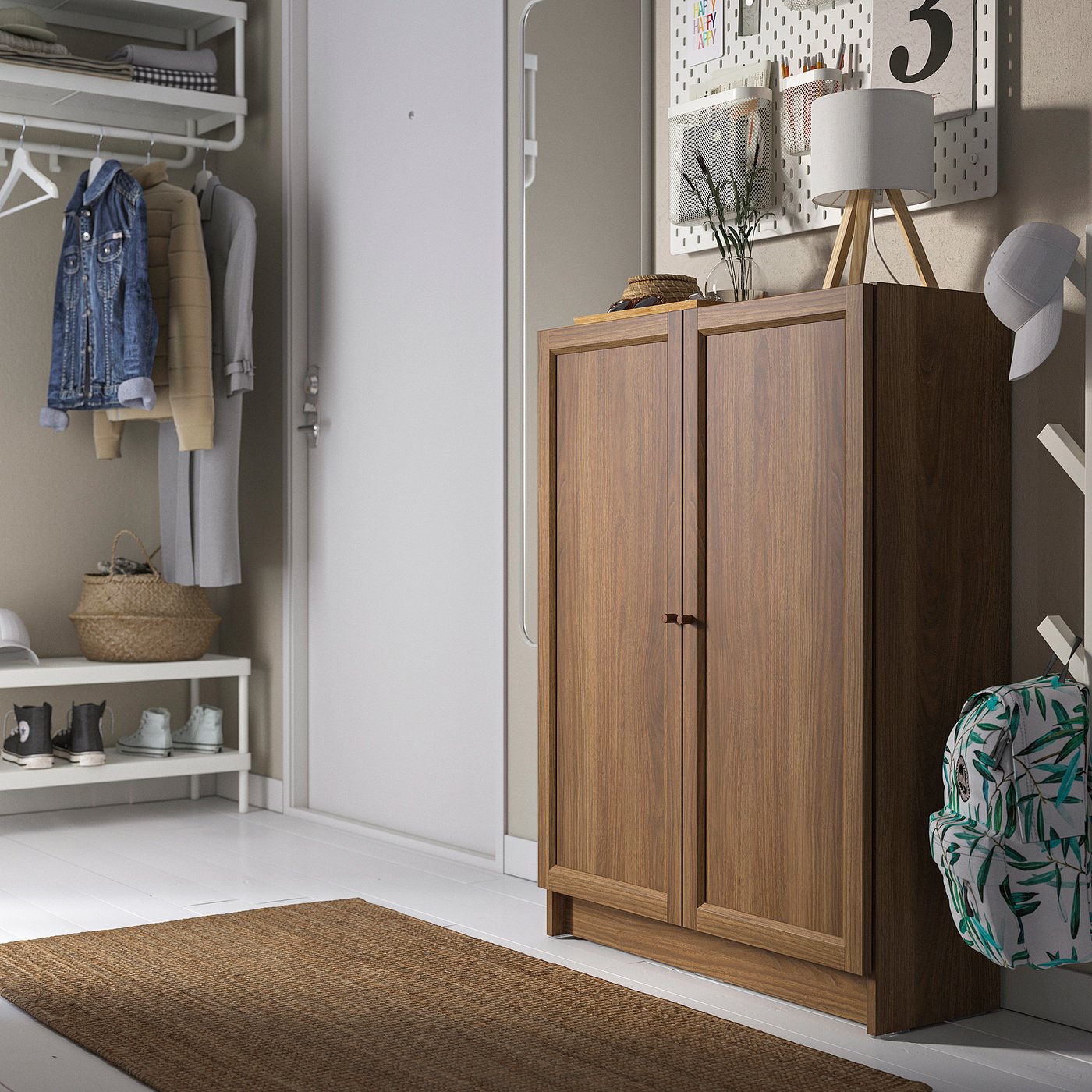 BILLY / OXBERG bookcase with doors, brown walnut effect, 311/2x113