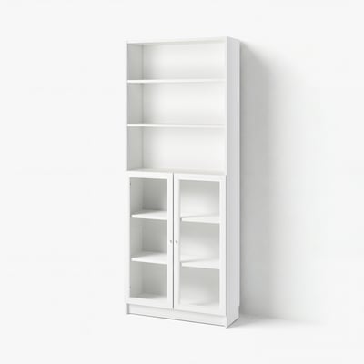 White BILLY bookcase, rectangular, with five shelves, two glass doors.