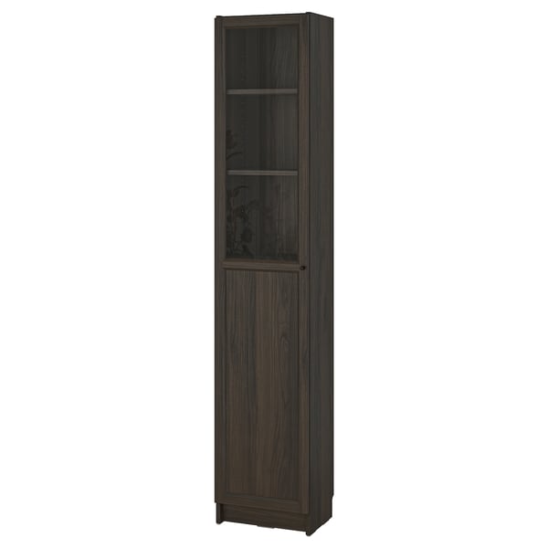BILLY / OXBERG Bookcase with panel/glass door, dark brown oak effect, 15 3/4x11 3/4x79 1/2 "