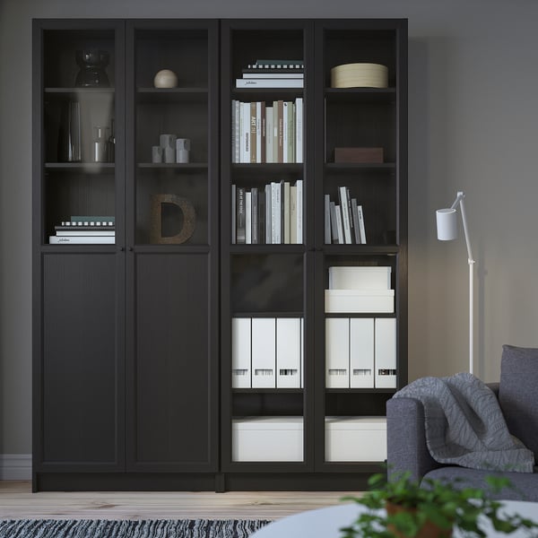 BILLY / OXBERG Bookcase with panel/glass doors, blackbrown/glass