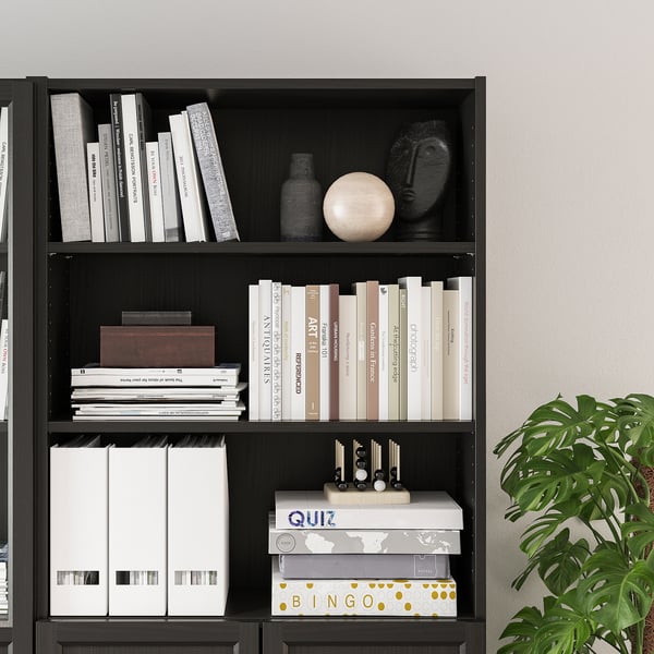 BILLY / OXBERG Bookcase with panel/glass doors, blackbrown, 63x113