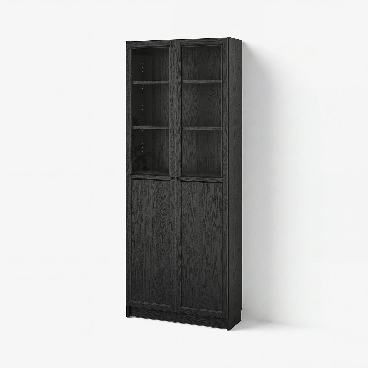 BILLY / OXBERG bookcase with panel/glass doors, black oak effect