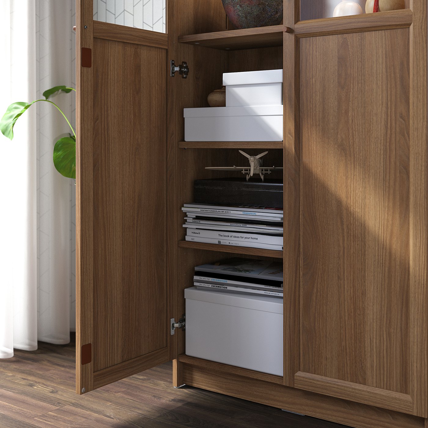 BILLY / OXBERG bookcase with panel/glass doors, brown walnut