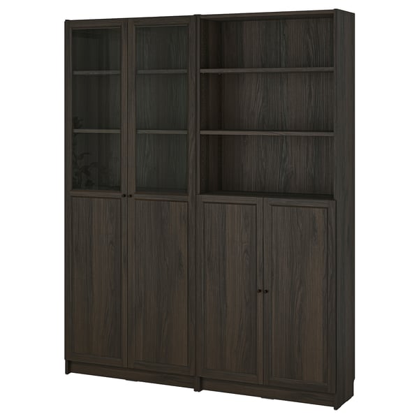 BILLY / OXBERG Bookcase with panel/glass doors, dark brown oak effect/clear glass, 63x11 3/4x79 1/2 "