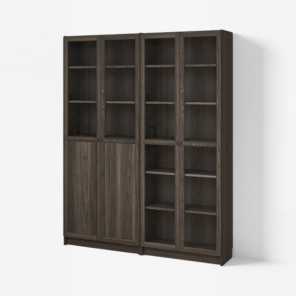 BILLY / OXBERG Bookcase with panel/glass doors, dark-brown oak effect/clear glass, 63x11 3/4x79 1/2 "