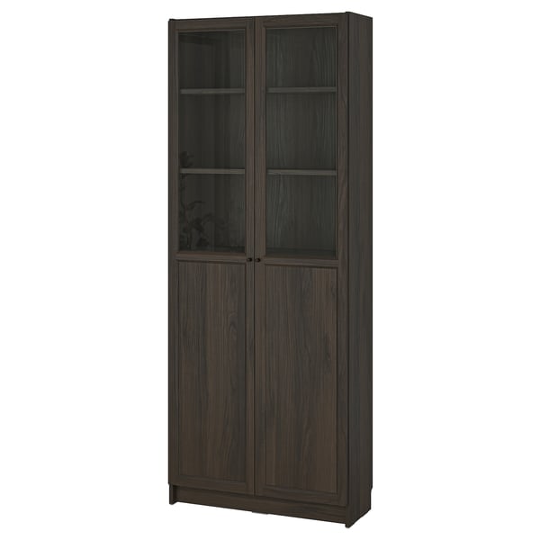 BILLY / OXBERG Bookcase with panel/glass doors, dark brown oak effect, 31 1/2x11 3/4x79 1/2 "