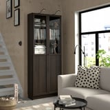 BILLY / OXBERG Bookcase with panel/glass doors, dark brown oak effect, 31 1/2x11 3/4x79 1/2 "