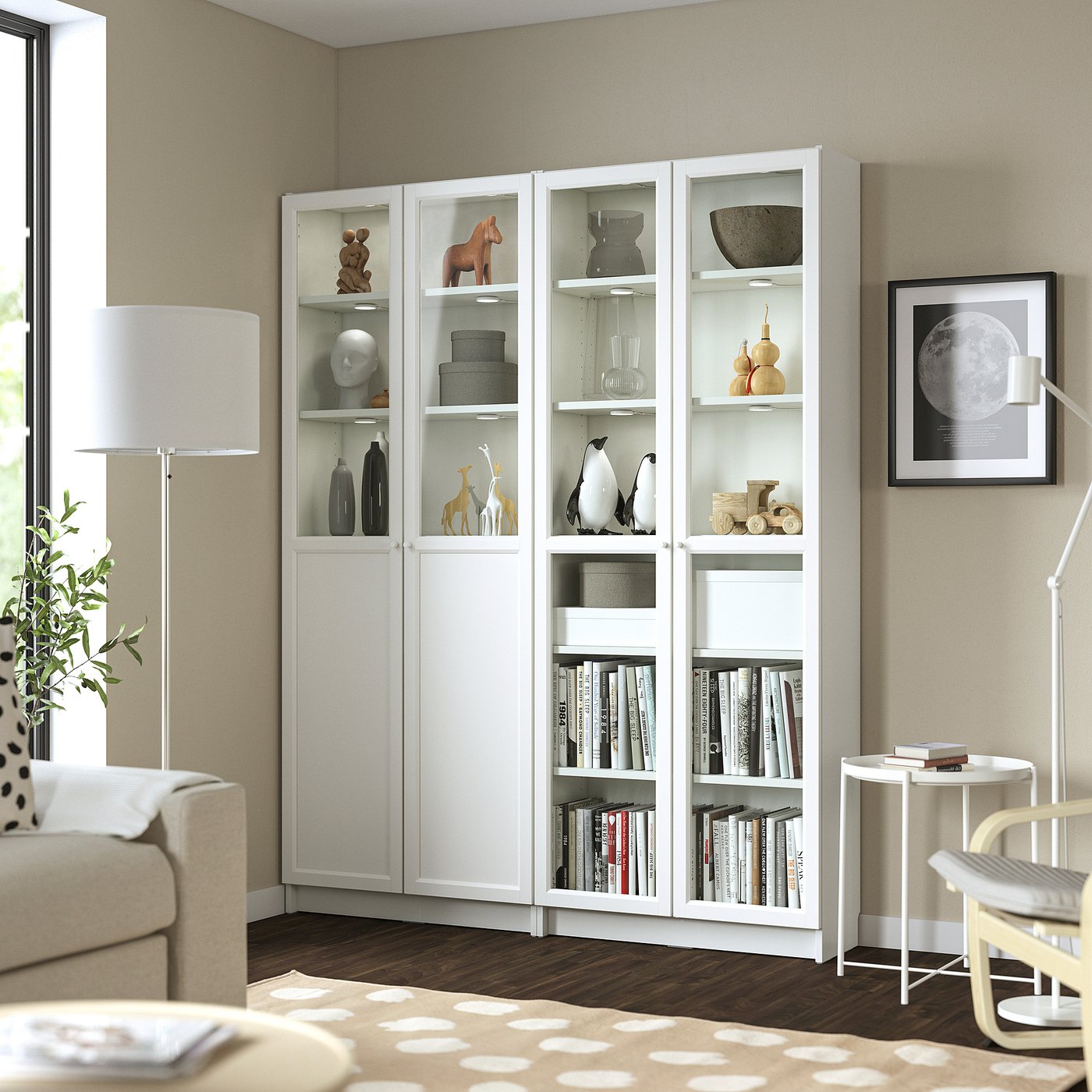 BILLY / OXBERG bookcase with panel/glass doors, white/glass