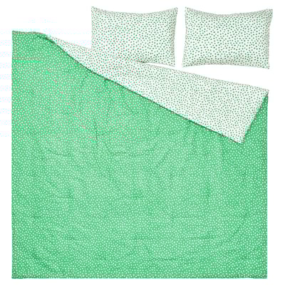 BJÖRKGRÅMAL Comforter set, green white/dotted, Full/Queen
