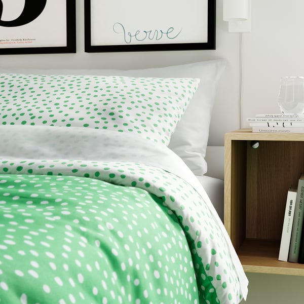 BJÖRKGRÅMAL Comforter set, green white/dotted, Twin/Twin X-long