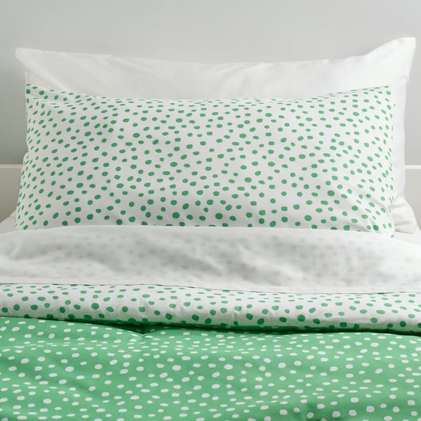 BJÖRKGRÅMAL Comforter set, green white/dotted, Twin/Twin X-long