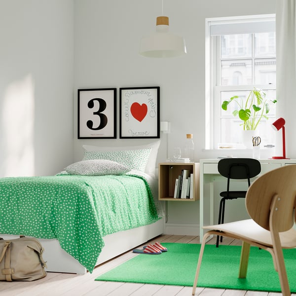 BJÖRKGRÅMAL Comforter set, green white/dotted, Twin/Twin X-long