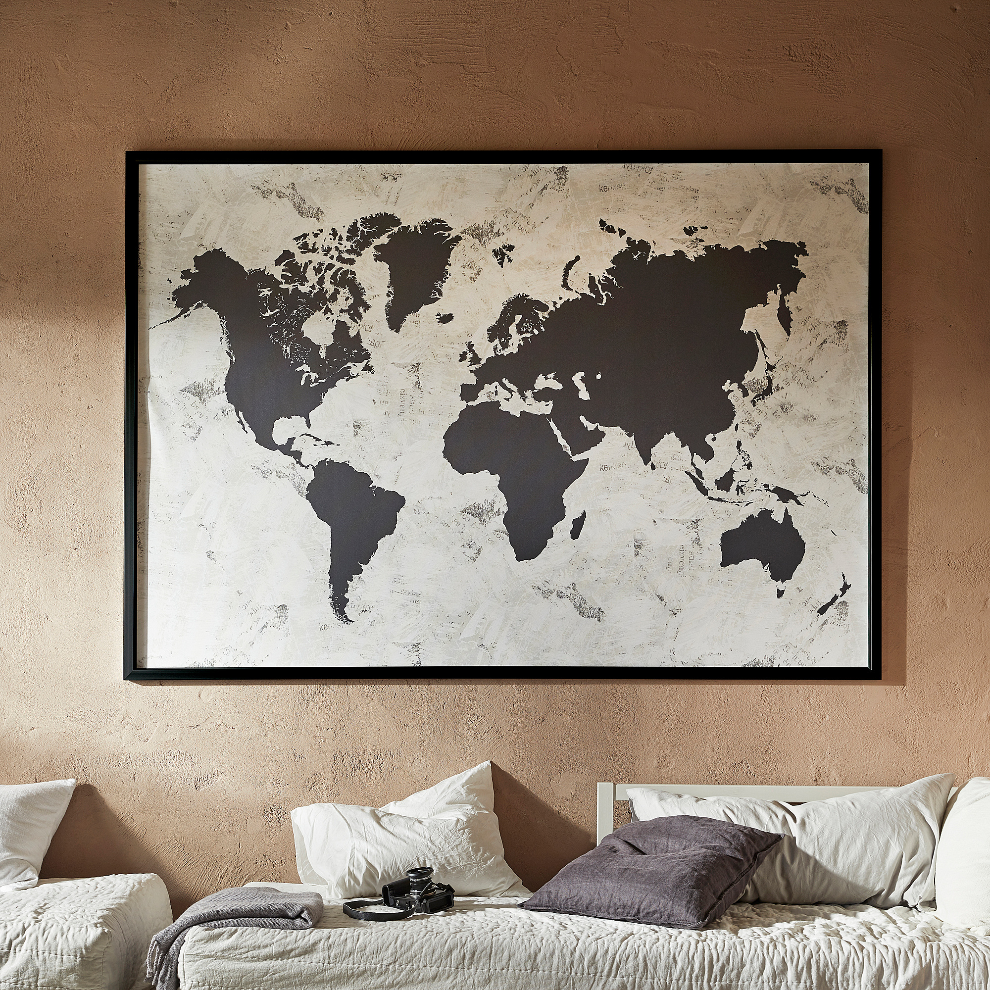 BJÖRKSTA Picture and frame - black and white world map/black - IKEA
