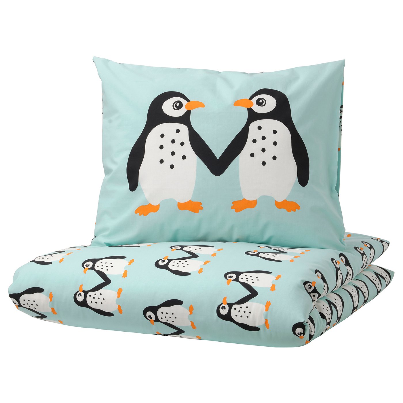 BLÅVINGAD Duvet cover and pillowcase, penguin pattern/light turquoise