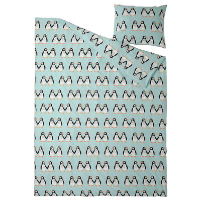 Blue penguin print duvet & pillow, soft cotton blend, square shape, repeating pattern.