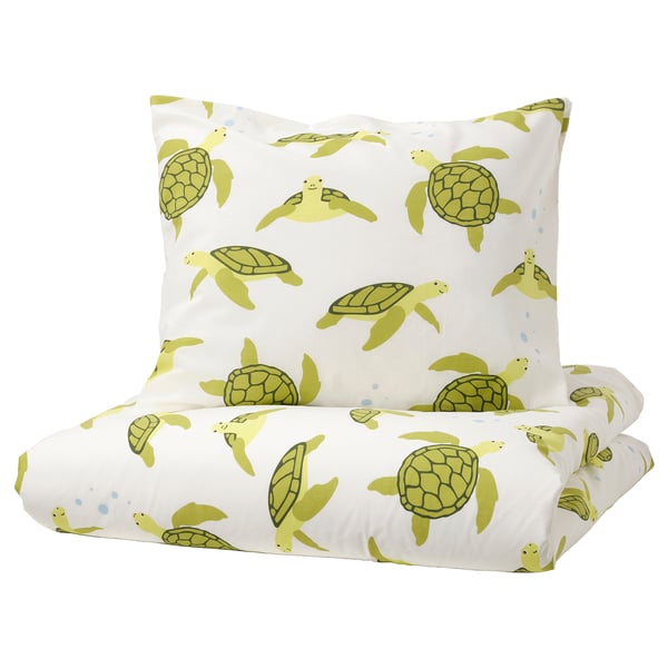 BLÅVINGAD Duvet cover and pillowcase(s), turtle pattern green/white, Twin