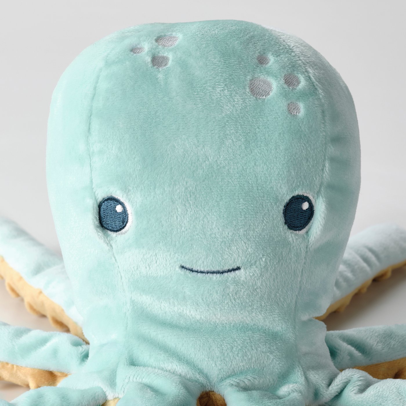 BLÅVINGAD soft toy with LED nightlight, turquoise octopus/battery