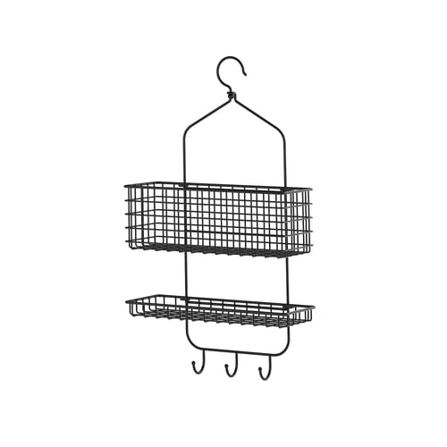 BLECKSJÖN, a black wire storage unit with two baskets and hooks. Its versatile for kitchen, bathroom, or hallways, easy to assemble without drilling.