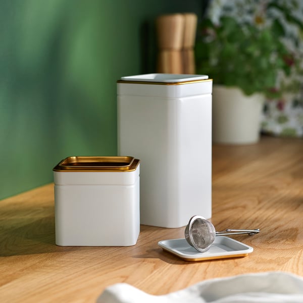 BLOMNING Tin with lid, off-white for coffee/tea, 4x4x4 "