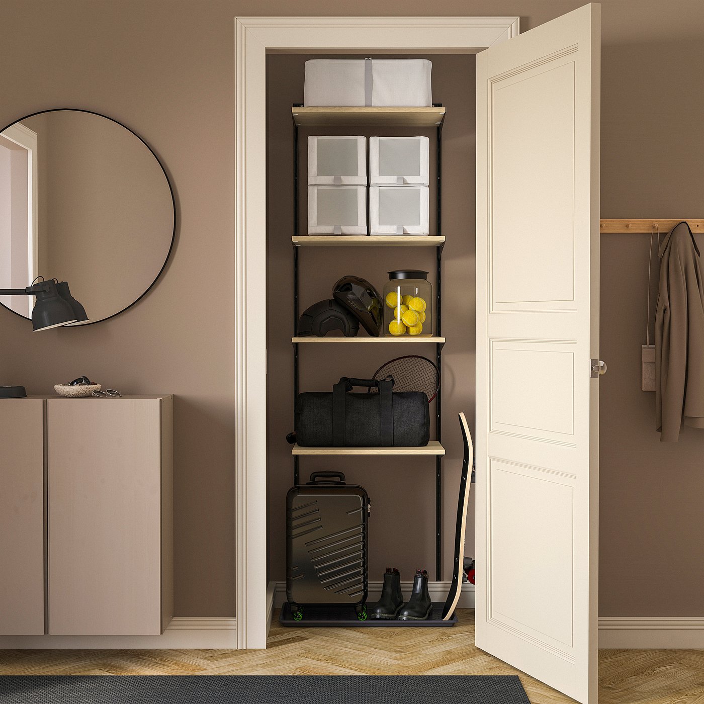 BOAXEL shelving unit, anthracite/oak, 245/8x153/4x79