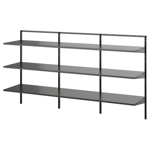 An empty BOAXEL shelf unit in black with three glass shelves and metal framing.