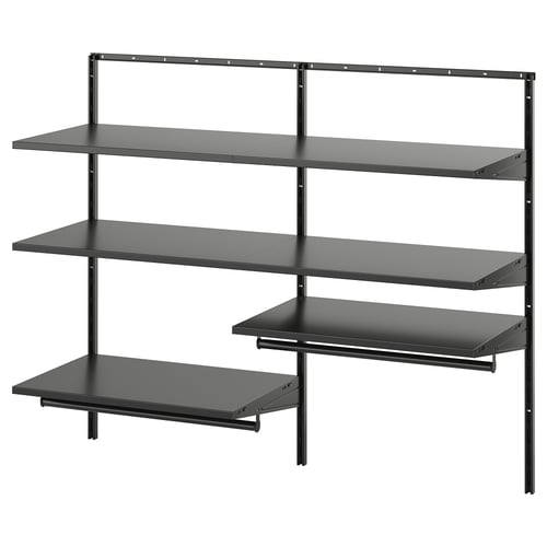 BOAXEL: black wall-mounted storage system with four shelves. Modern, minimalist design ideal for organising outdoor clothing.