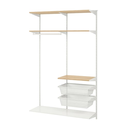 A white BOAXEL storage unit with shelves and wire baskets for organising clothing and accessories.