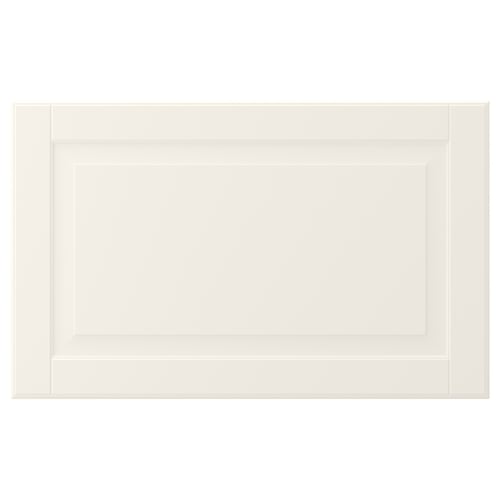 A BODBYN cabinet door in off-white with classic bevelled panels, made from fibreboard.