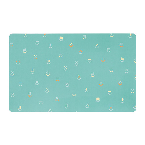 Turquoise BÖNSYRSA desk pad with random icons, square, recycled polyester top, rubber base.