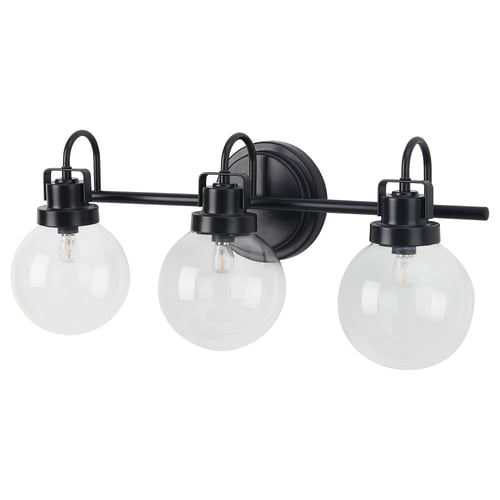 BOJREP: modern black wall lamp with 3 clear glass globe shades.