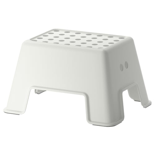 BOLMEN white step stool: rectangular, perforated top, wide legs, made of recycled plastic.