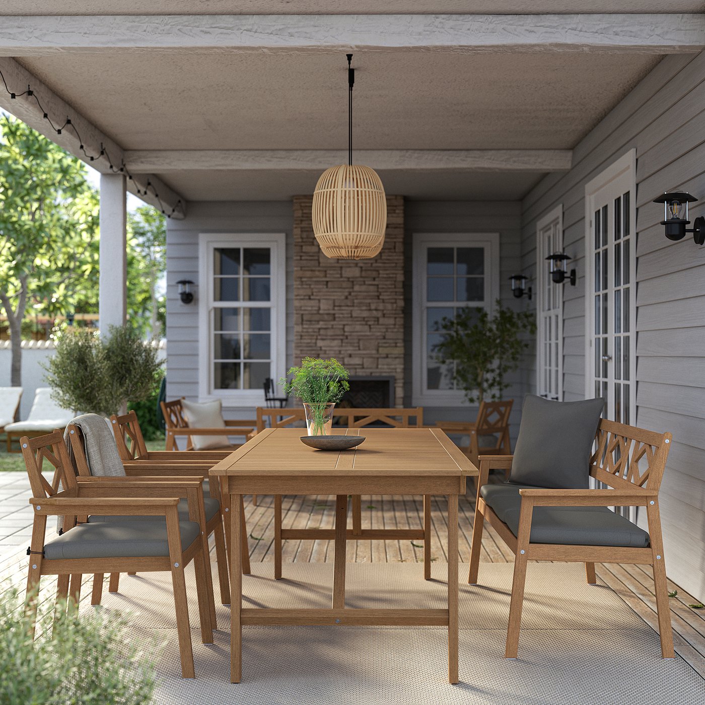 Table, 3 armchairs + bench, outdoor, brown/Frösön/Duvholmen dark gray 2