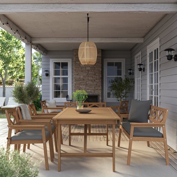 BONDHOLMEN Table, 3 armchairs + bench, outdoor, brown/Frösön/Duvholmen dark gray