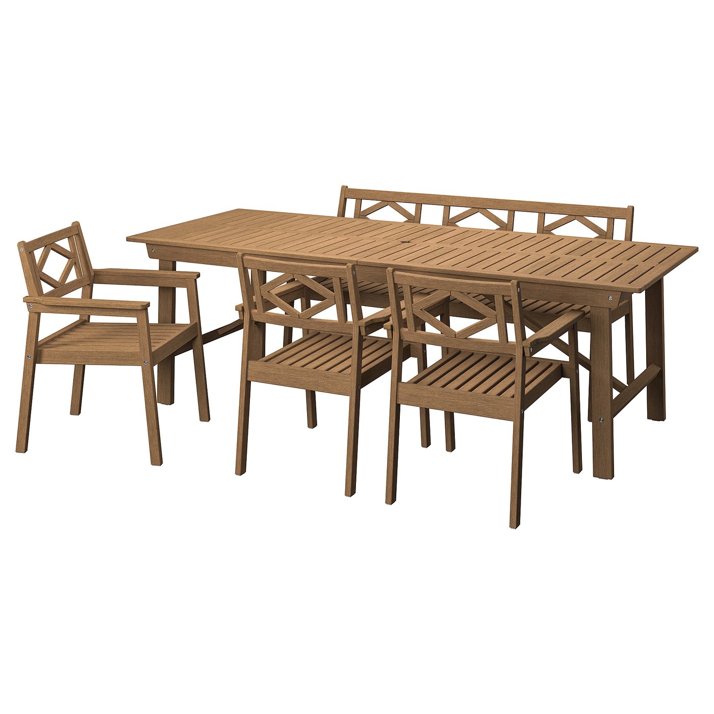 Table, 3 Armchairs + Bench, Outdoor, Brown
